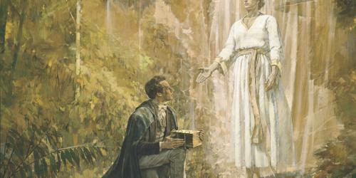 Joseph Smith received the gold plates as prophesied by Nephi. Image via lds.org