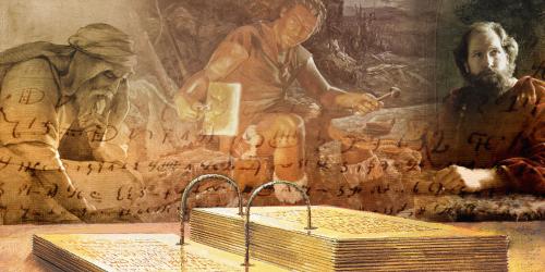 Lehi, Nephi, and Jacob utilizing the plates. Image via Book of Mormon Central.