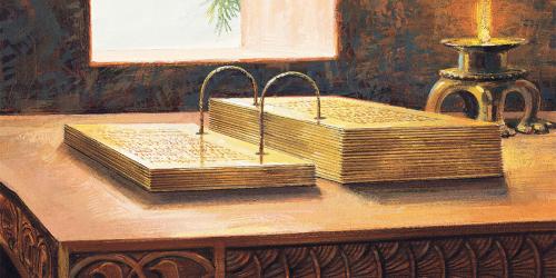 A painting depicting gold plates by Jerry Thompson. Image via Gospel Media Library.