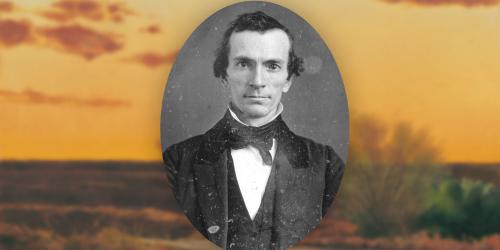 Portrait of Oliver Cowdery. Landscape of Far West by Al Rounds.