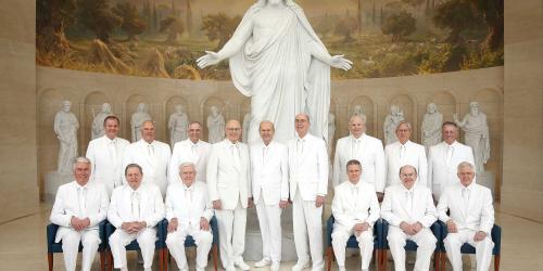 The Twelve Apostles and First Presidency of the Church of Jesus Christ of Latter-day Saints at the Rome, Italy Temple Visitor Center. Image via Church of Jesus Christ.