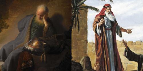Left: Jeremiah Lamenting the Destruction of Jerusalem by Rembrandt. Right: Lehi Prophesying in Jerusalem by Arnold Friberg.